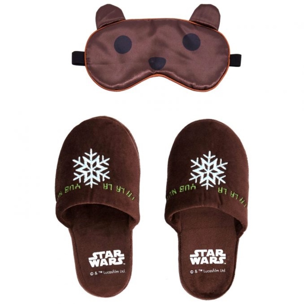 Star Wars Ewok Holiday SLIPPERS ONLY Brown w/ Fa La La ❄️ YUB NUB embroidered